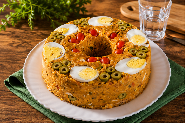 Cuscuz decorado com ovos, azeitonas e tomate cereja