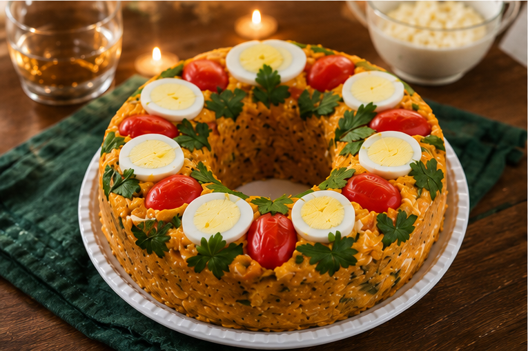 Cuscuz grande decorado com ovos, salsa e tomate